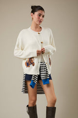 "HORSE" GRAPHIC LONG SLEEVE ROUND NECK CARDIGAN: NAVY / S