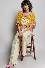 Round Neck Sleeveless Floral Thin Sweater Top SALE: BLUE/IVORY / M