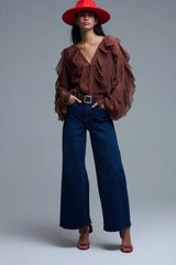 Brown V-Neck All Over Ruffle Blouse: BROWN / S
