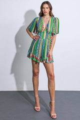 A printed woven romper - IP8276: GREEN BLUE / Contemporary / L