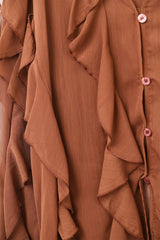 Brown V-Neck All Over Ruffle Blouse: BROWN / L