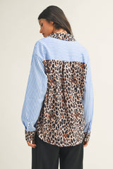 LDC Wildly Chic Contrast Leopard & Stripes Button Up Blouse: Sky Blue / XL