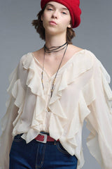 Beige V-Neck All Over Ruffle Blouse: BEIGE / S