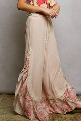 Floral Pattern Ruffle Detail Ribbed Knit Pants: PALE PINK / L