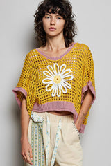 Round Neck Sleeveless Floral Thin Sweater Top SALE: BLUE/IVORY / L