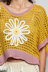 Round Neck Sleeveless Floral Thin Sweater Top SALE: BLUE/IVORY / S