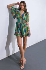 A printed woven romper - IP8276: GREEN BLUE / Contemporary / L