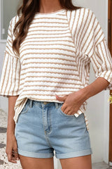 LDC striped Textured Knit Split Hem Half Sleeve Loose Top: Apricot Stripe / L