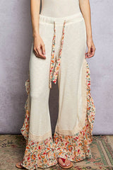 Floral Pattern Ruffle Detail Ribbed Knit Pants: PALE PINK / S
