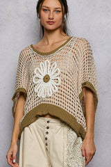Round Neck Sleeveless Floral Thin Sweater Top SALE: BLUE/IVORY / M