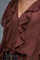 Brown V-Neck All Over Ruffle Blouse: BROWN / L