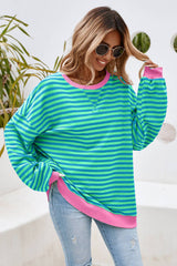 LDC Stripe Contrast Trim Oversized Pullover Sweatshirt: Sky Blue Stripe / XL
