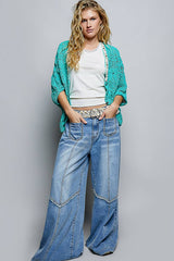 V-Neck Crochet Batwing Sleeve Cardigan Top: NATURAL / Os