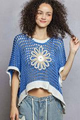 Round Neck Sleeveless Floral Thin Sweater Top SALE: BLUE/IVORY / M