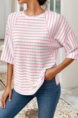 LDC striped Textured Knit Split Hem Half Sleeve Loose Top: Apricot Stripe / S