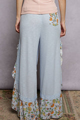 Floral Pattern Ruffle Detail Ribbed Knit Pants: PALE PINK / S