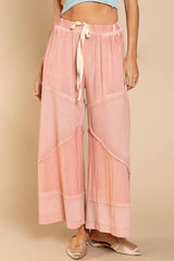 Contrast ribbed elastic waist casual knit culottes pants: DESERT SAGE / M/L