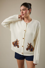 "HORSE" GRAPHIC LONG SLEEVE ROUND NECK CARDIGAN: NAVY / S