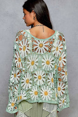 Long sleeve V neck crochet knit open cardigan: MINT / Os