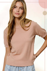 MCS3600-Soft Short Puffy Sleeve Basic Stretchy Knit Top: Midnight Blue / M