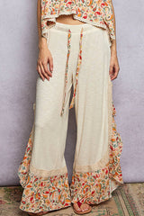 Floral Pattern Ruffle Detail Ribbed Knit Pants: PALE PINK / S