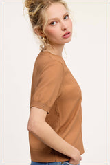 MCS3600-Soft Short Puffy Sleeve Basic Stretchy Knit Top: Midnight Blue / M