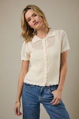 COLLARED BUTTON DOWN SHORT SLEEVE CROCHET TOP: White / S