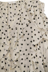 Polka Dot Button-Up chiffon Shirt with Ruffles: CREAM / M