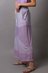 Contrast ribbed elastic waist casual knit culottes pants: DESERT SAGE / M/L