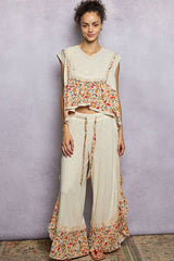 Floral Pattern Ruffle Detail Ribbed Knit Pants: PALE PINK / S