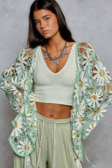 Long sleeve V neck crochet knit open cardigan: MINT / Os