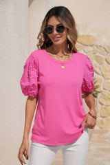 LDC Ribbed Pearl Beaded Puff Sleeve Top: Bright Pink / XL