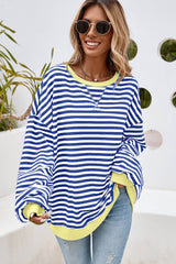 LDC Stripe Contrast Trim Oversized Pullover Sweatshirt: Sky Blue Stripe / XL