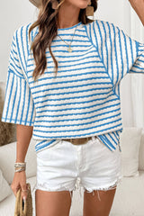 LDC striped Textured Knit Split Hem Half Sleeve Loose Top: Apricot Stripe / L