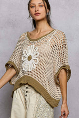 Round Neck Sleeveless Floral Thin Sweater Top SALE: BLUE/IVORY / S