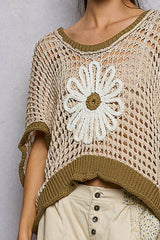Round Neck Sleeveless Floral Thin Sweater Top SALE: BLUE/IVORY / M