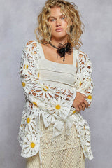 Long sleeve V neck crochet knit open cardigan: MINT / Os