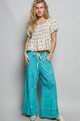 Contrast ribbed elastic waist casual knit culottes pants: DESERT SAGE / M/L