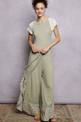 Floral Pattern Ruffle Detail Ribbed Knit Pants: PALE PINK / L