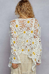 Long sleeve V neck crochet knit open cardigan: MINT / Os