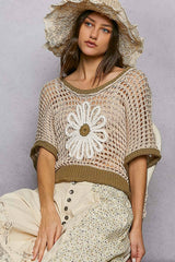 Round Neck Sleeveless Floral Thin Sweater Top SALE: BLUE/IVORY / M