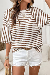 LDC striped Textured Knit Split Hem Half Sleeve Loose Top: Apricot Stripe / XL