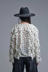 Polka Dot Button-Up chiffon Shirt with Ruffles: CREAM / M