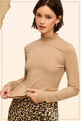 MCT7699-Stretchy Ribbed Long Sleeve Mock Neck Basic Top: Onyx / M