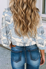 LDC Floral Print Frilly Smocked Square Neck Blouse: Sky Blue / S