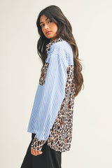 LDC Wildly Chic Contrast Leopard & Stripes Button Up Blouse: Sky Blue / L
