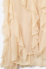 Beige V-Neck All Over Ruffle Blouse: BEIGE / S