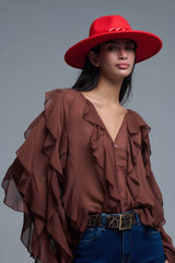 Brown V-Neck All Over Ruffle Blouse: BROWN / L