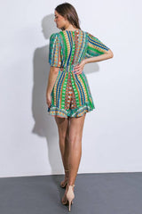 A printed woven romper - IP8276: GREEN BLUE / Contemporary / M
