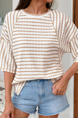 LDC striped Textured Knit Split Hem Half Sleeve Loose Top: Apricot Stripe / L